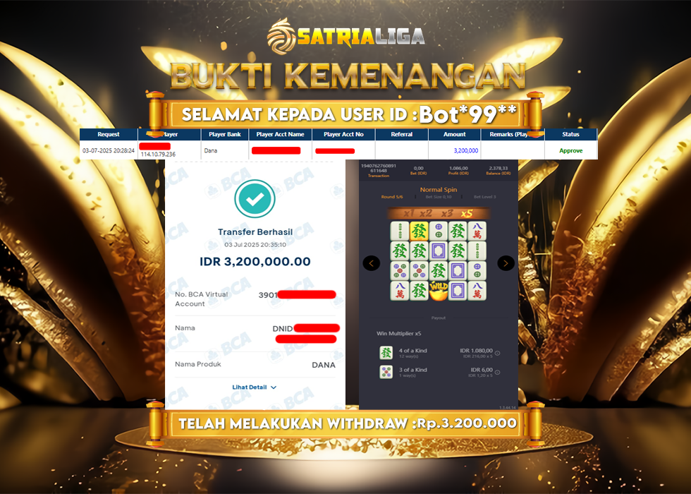 BUKTI KEMENANGAN MEMBER SATRIALIGA Rp. 3.200.000