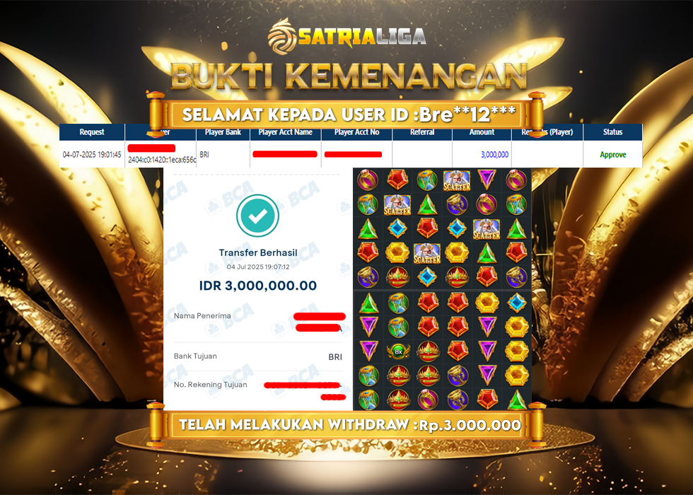 BUKTI KEMENANGAN MEMBER SATRIALIGA Rp. 3.000.000