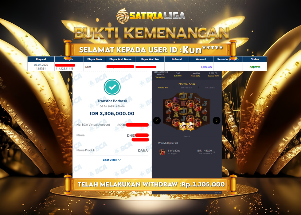 BUKTI KEMENANGAN MEMBER SATRIALIGA Rp. 3.305.000
