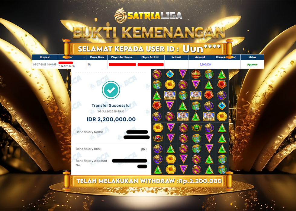 BUKTI KEMENANGAN MEMBER SATRIALIGA Rp. 2.200.000