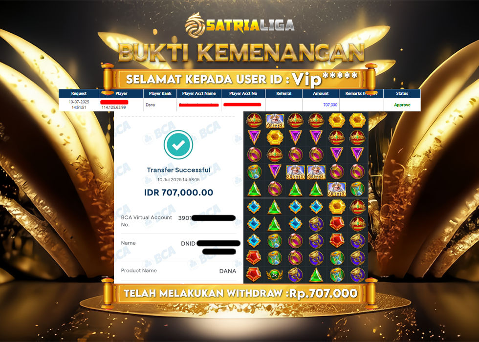 BUKTI KEMENANGAN MEMBER SATRIALIGA Rp. 707.000