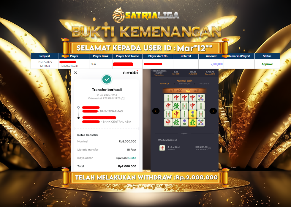 BUKTI KEMENANGAN MEMBER SATRIALIGA Rp. 2.000.000