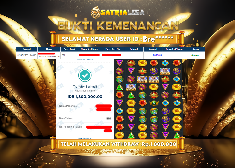BUKTI KEMENANGAN MEMBER SATRIALIGA Rp. 1.800.000