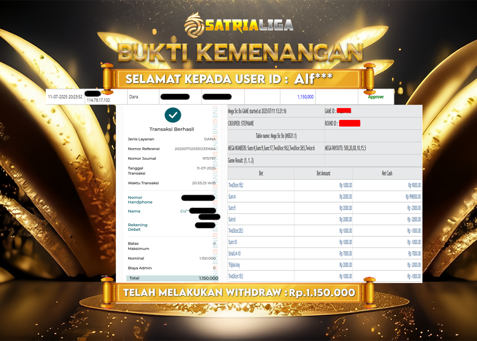 BUKTI KEMENANGAN MEMBER SATRIALIGA Rp.1.150.000