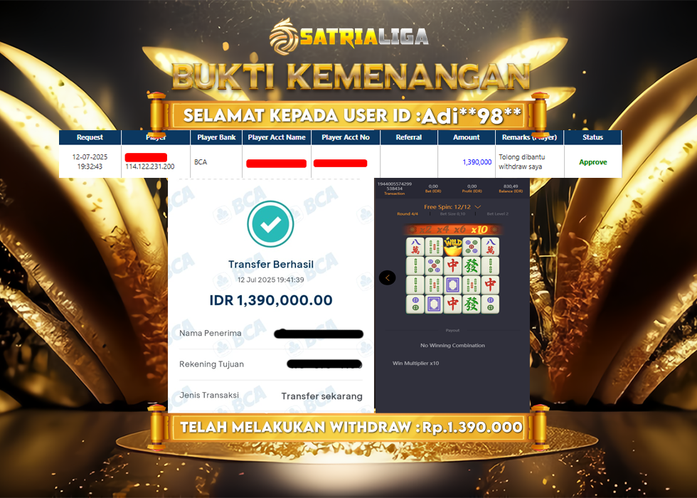 BUKTI KEMENANGAN MEMBER SATRIALIGA Rp.1.390.000