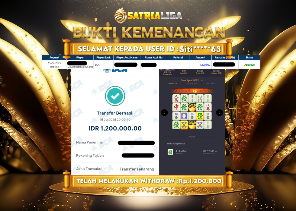 BUKTI KEMENANGAN MEMBER SATRIALIGA Rp 1.200.000