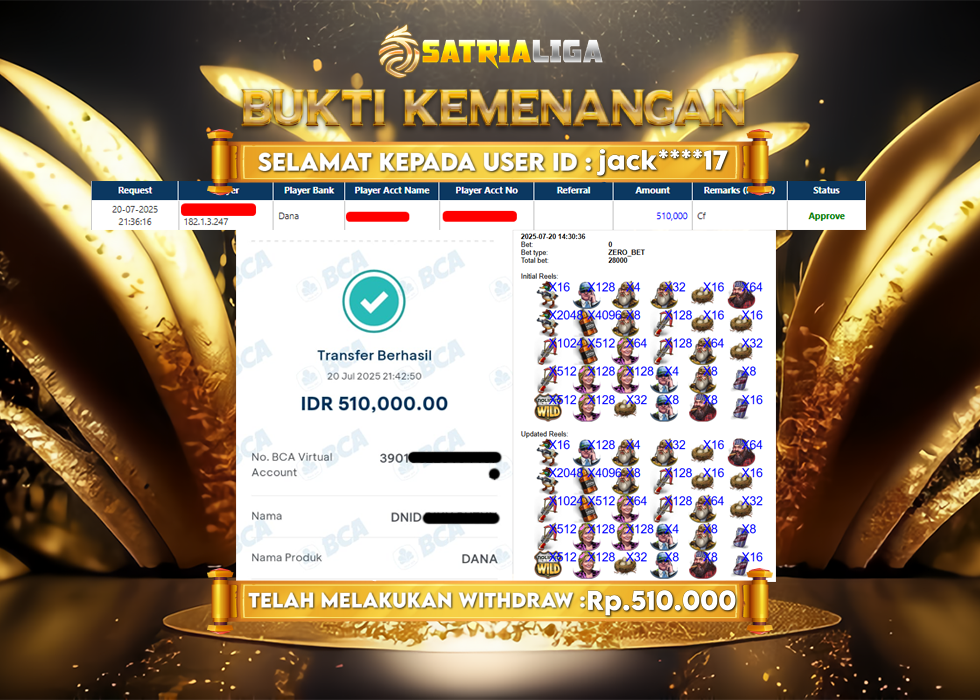 BUKTI KEMENANGAN MEMBER SATRIALIGA Rp 510.000