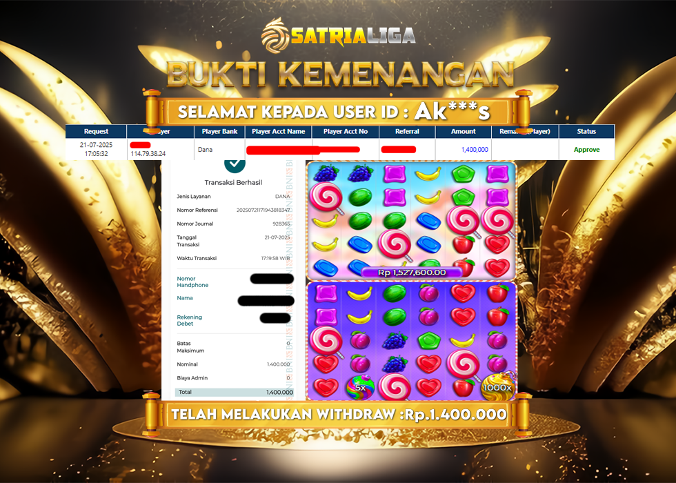 BUKTI KEMENANGAN MEMBER SATRIALIGA Rp 1.400.000