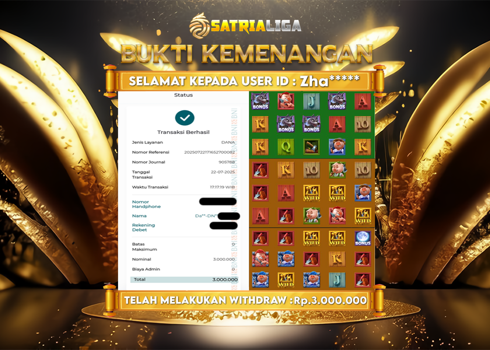 BUKTI KEMENANGAN MEMBER SATRIALIGA Rp. 3.000.000