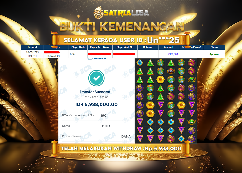BUKTI KEMENANGAN MEMBER SATRIALIGA Rp. 5.938.000