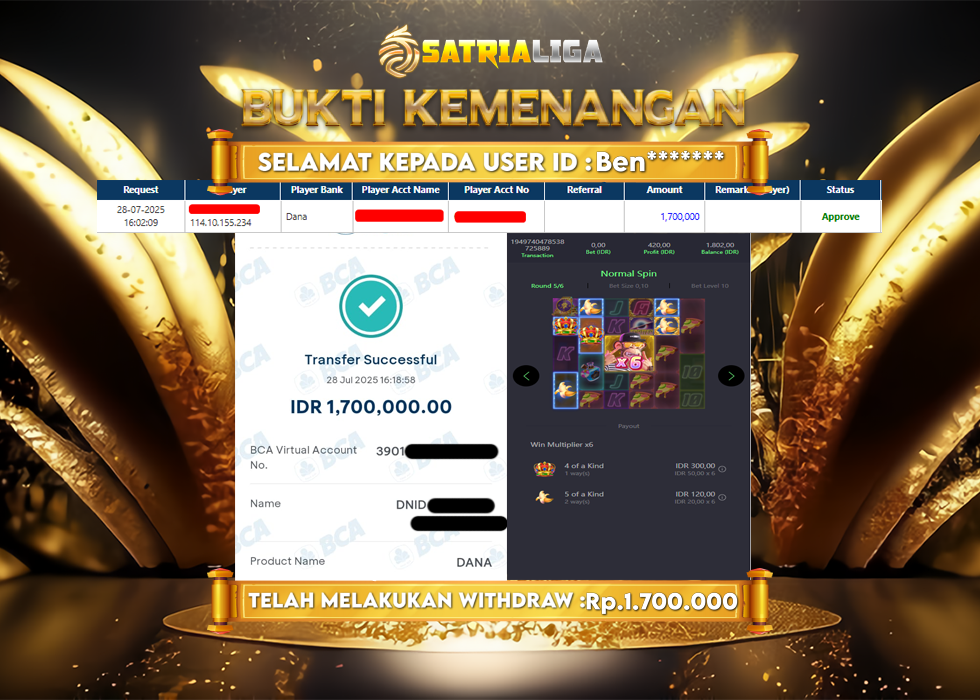 BUKTI KEMENANGAN MEMBER SATRIALIGA Rp. 1.700.000