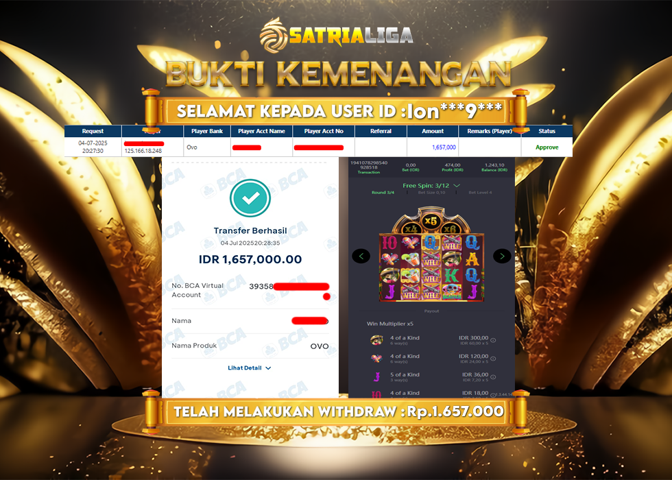 BUKTI KEMENANGAN MEMBER SATRIALIGA Rp. 1.657.000
