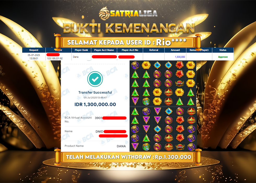 BUKTI KEMENANGAN MEMBER SATRIALIGA Rp. 1.300.000