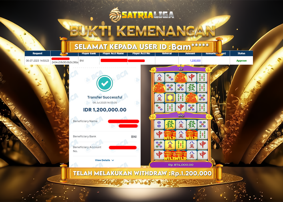 BUKTI KEMENANGAN MEMBER SATRIALIGA Rp. 1.200.000