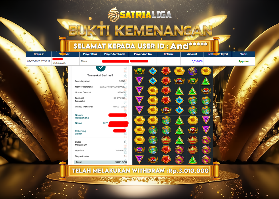 BUKTI KEMENANGAN MEMBER SATRIALIGA Rp. 3.010.000