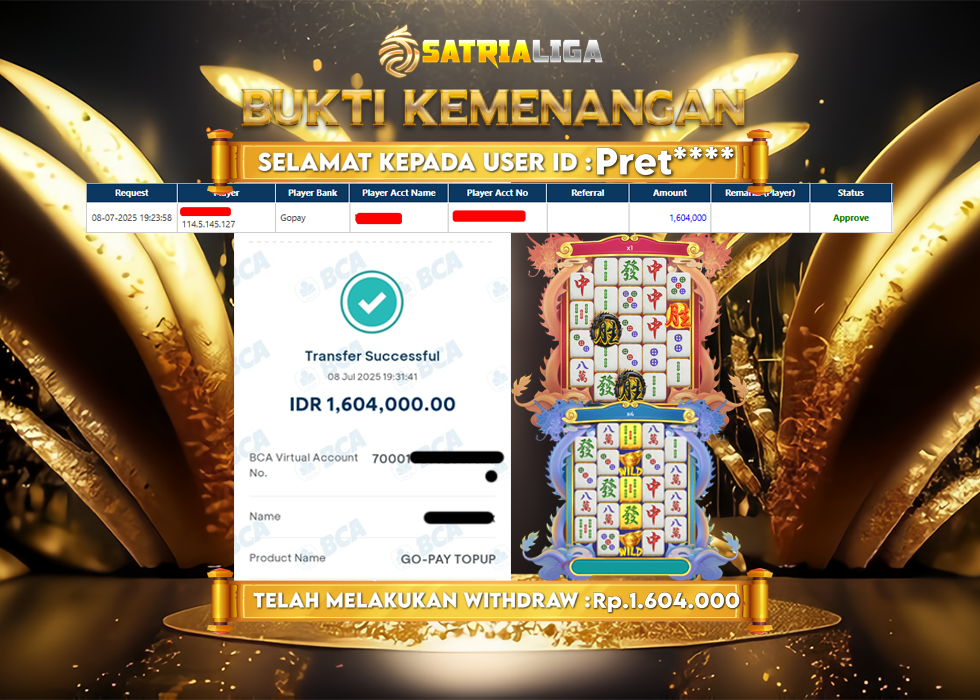 BUKTI KEMENANGAN MEMBER SATRIALIGA Rp. 1.604.000