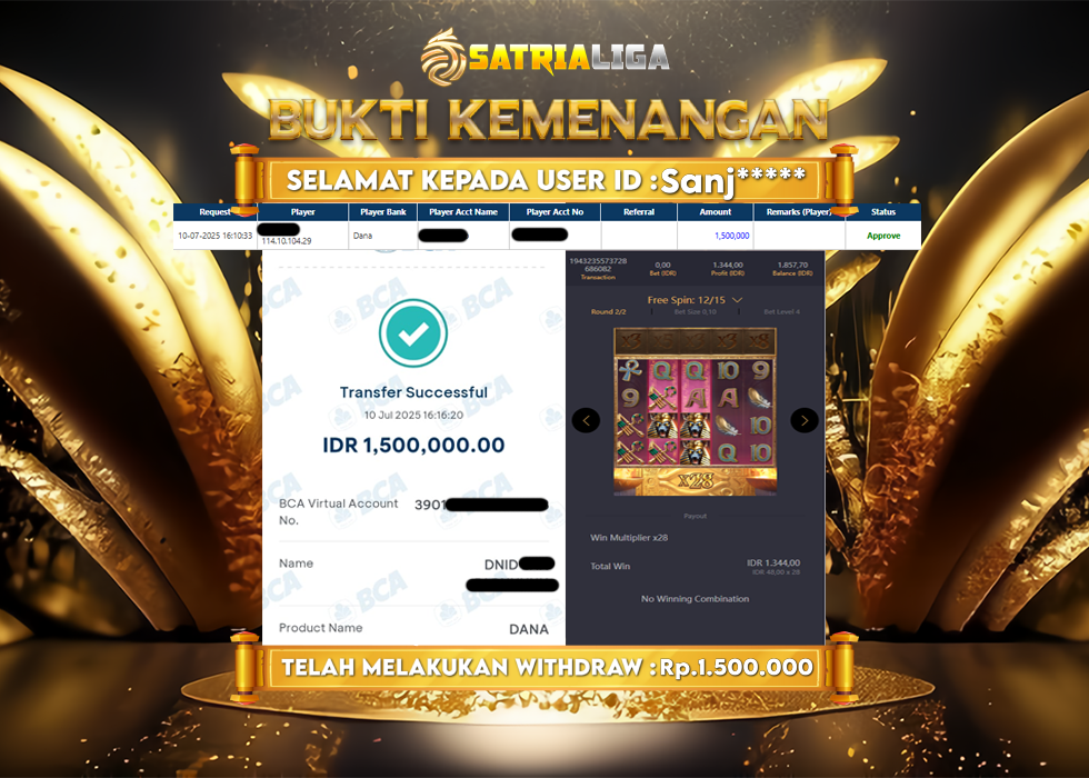BUKTI KEMENANGAN MEMBER SATRIALIGA Rp. 1.500.000