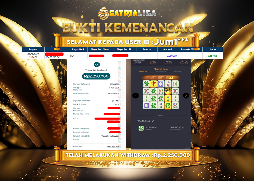 BUKTI KEMENANGAN MEMBER SATRIALIGA Rp. 2.250.000