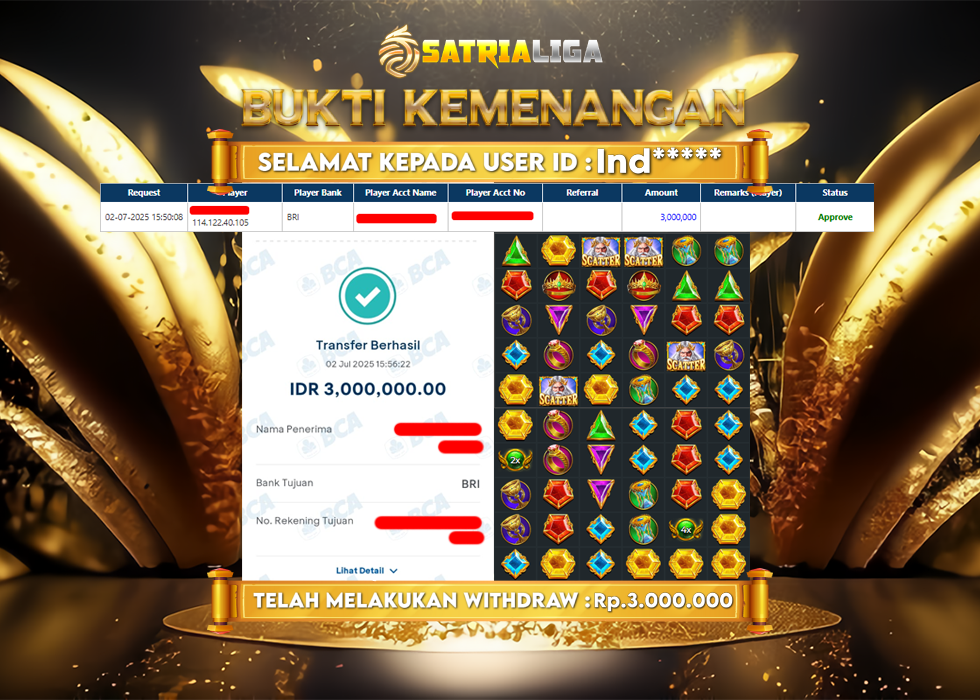 BUKTI KEMENANGAN MEMBER SATRIALIGA Rp. 3.000.000