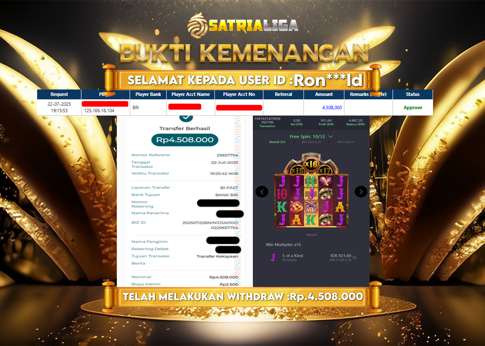 BUKTI KEMENANGAN MEMBER SATRIALIGA Rp. 4.508.000