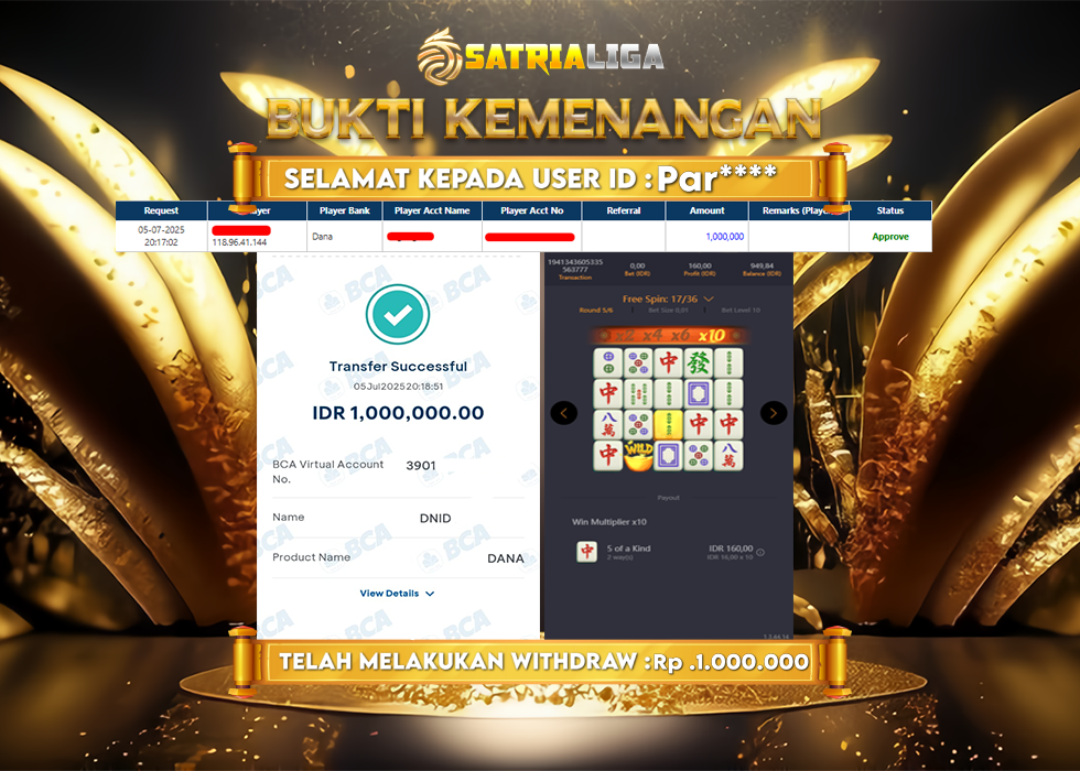 BUKTI KEMENANGAN MEMBER SATRIALIGA Rp. 1.000.000