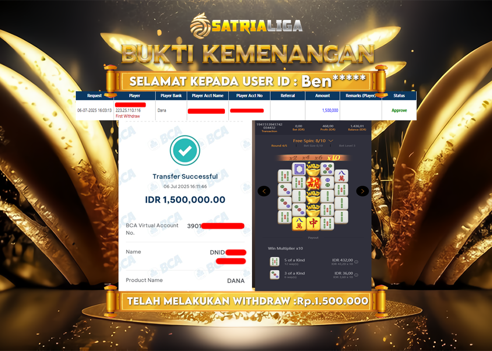 BUKTI KEMENANGAN MEMBER SATRIALIGA Rp. 1.500.000