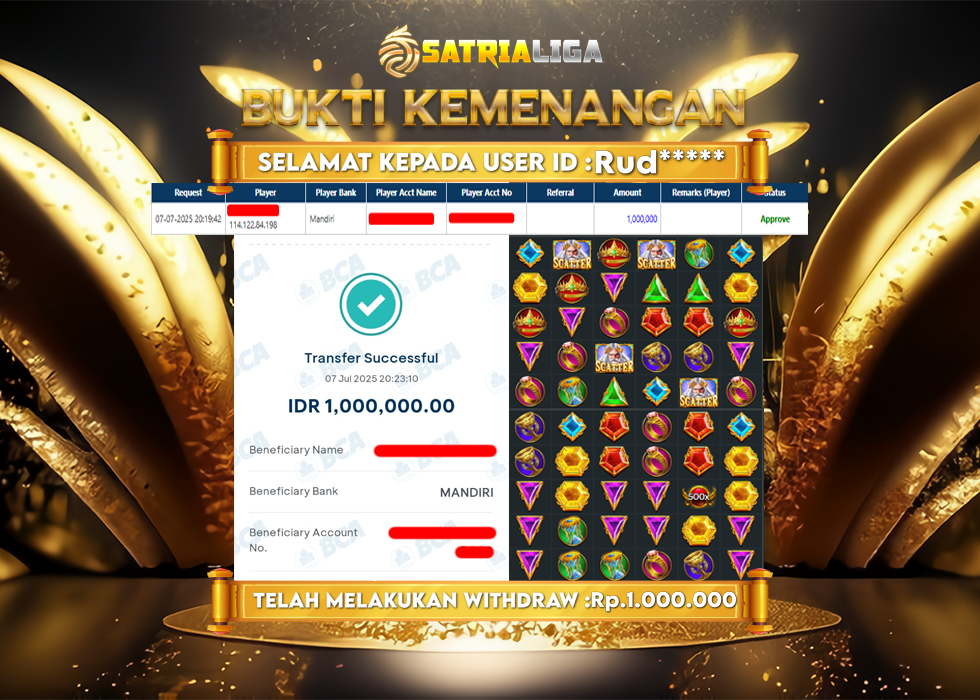 BUKTI KEMENANGAN MEMBER SATRIALIGA Rp. 1.000.000