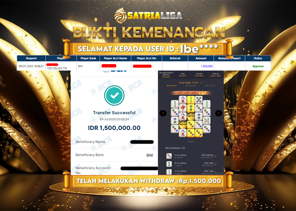 BUKTI KEMENANGAN MEMBER SATRIALIGA Rp. 2.800.000