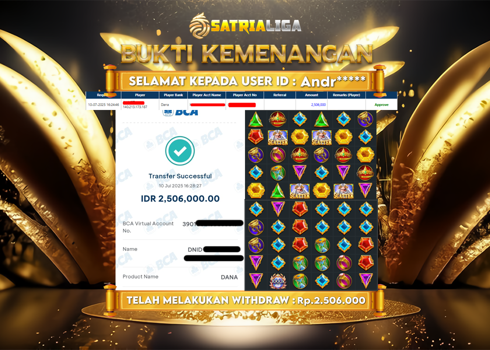 BUKTI KEMENANGAN MEMBER SATRIALIGA Rp. 2.506.000