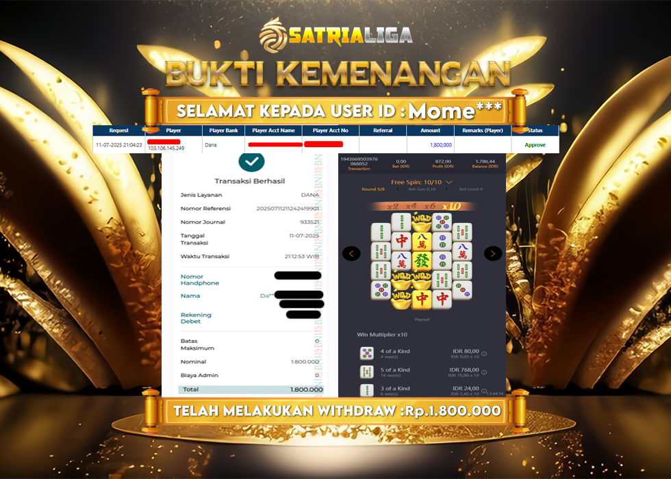 BUKTI KEMENANGAN MEMBER SATRIALIGA Rp.1.800.000