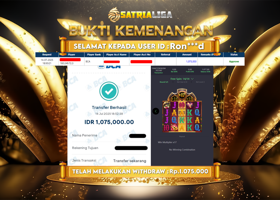 BUKTI KEMENANGAN MEMBER SATRIALIGA Rp 1.075.000