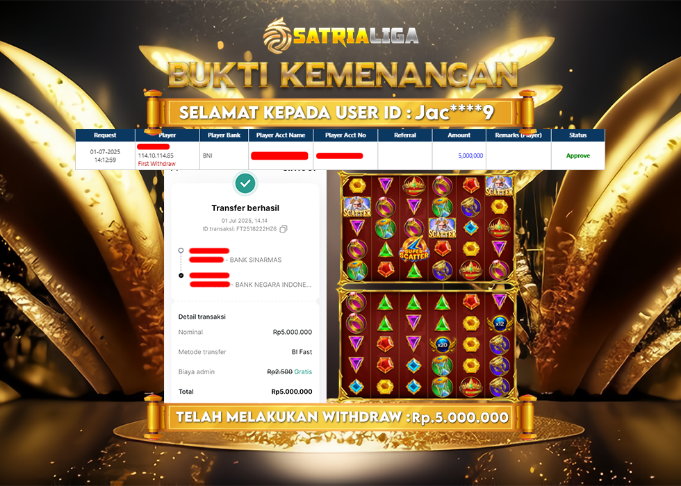 BUKTI KEMENANGAN MEMBER SATRIALIGA Rp. 5.000.000