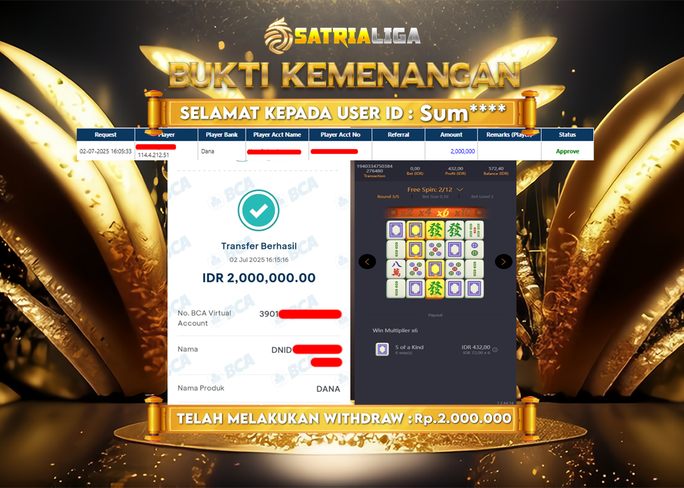 BUKTI KEMENANGAN MEMBER SATRIALIGA Rp. 2.000.000