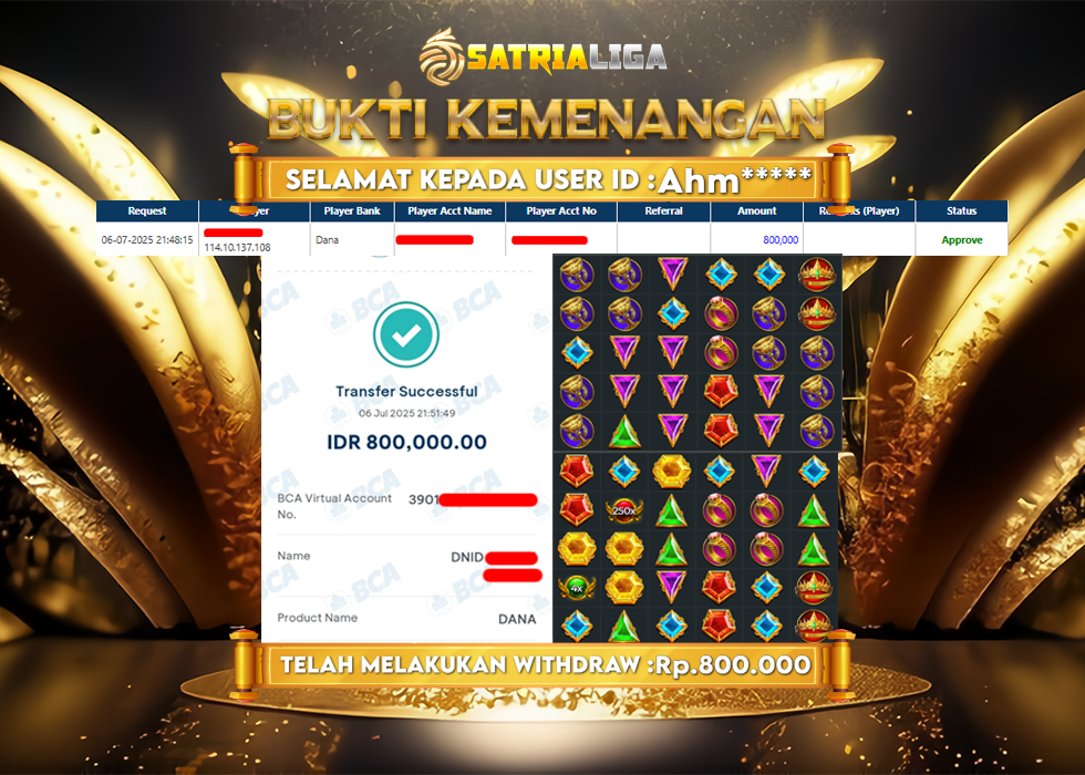 BUKTI KEMENANGAN MEMBER SATRIALIGA Rp. 800.000