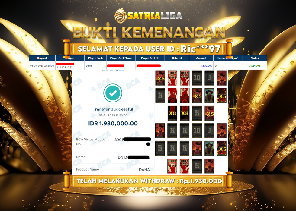 BUKTI KEMENANGAN MEMBER SATRIALIGA Rp. 1.930.000