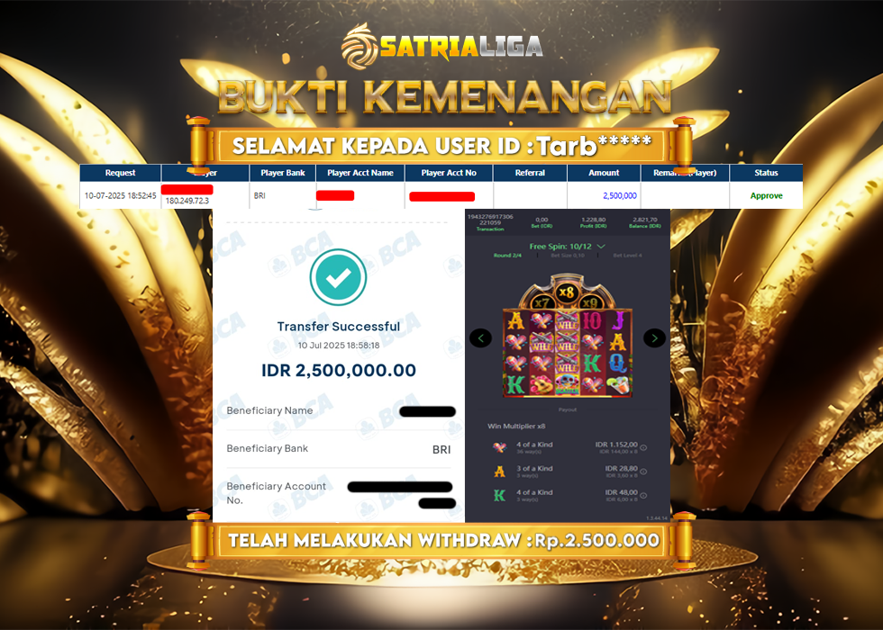 BUKTI KEMENANGAN MEMBER SATRIALIGA Rp. 2.500.000