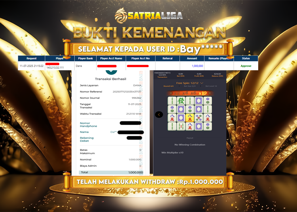 BUKTI KEMENANGAN MEMBER SATRIALIGA Rp.1.000.000