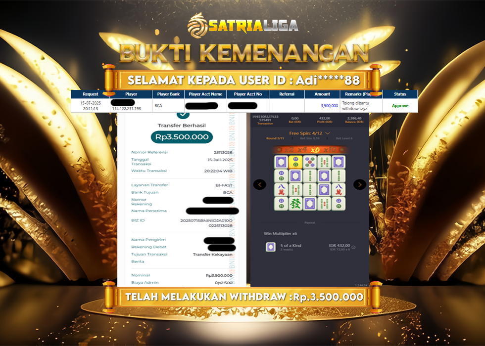 BUKTI KEMENANGAN MEMBER SATRIALIGA Rp 3.500.000