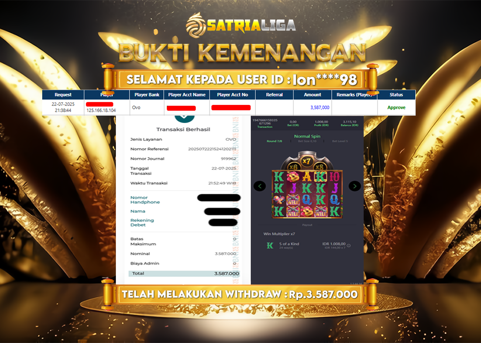 BUKTI KEMENANGAN MEMBER SATRIALIGA Rp. 3.587.000