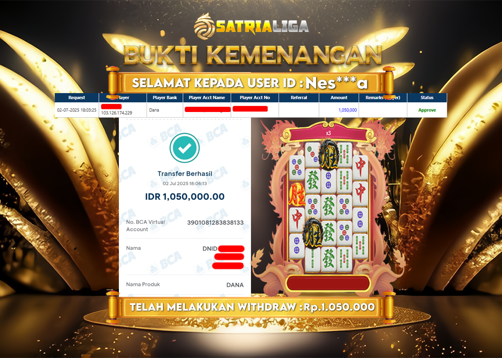 BUKTI KEMENANGAN MEMBER SATRIALIGA Rp. 1.050.000