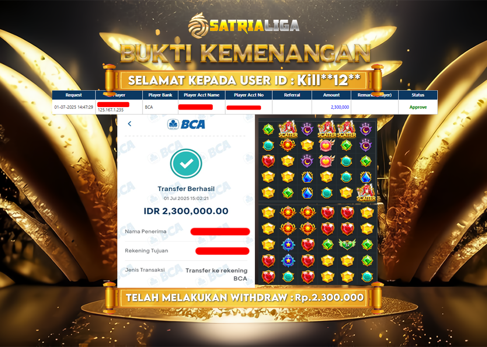 BUKTI KEMENANGAN MEMBER SATRIALIGA Rp. 2.300.000