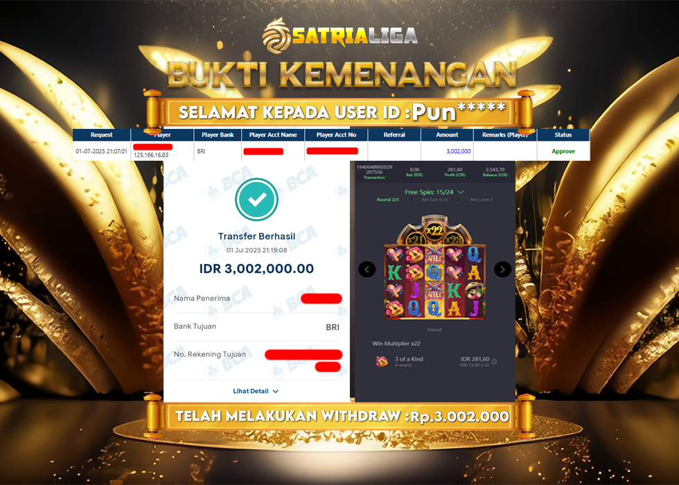 BUKTI KEMENANGAN MEMBER SATRIALIGA Rp. 3.002.000