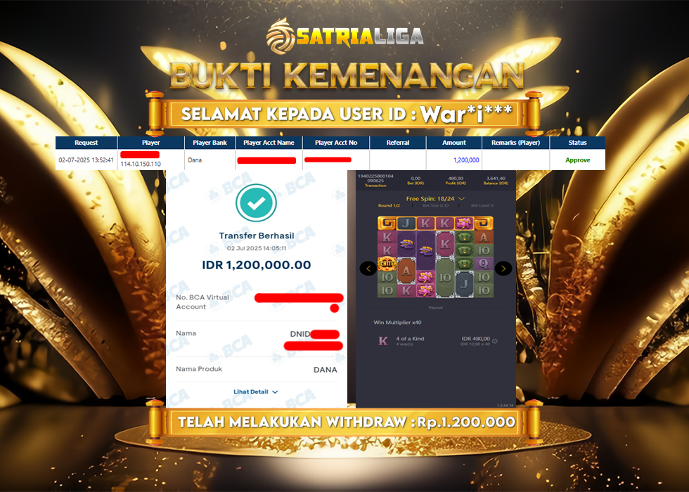 BUKTI KEMENANGAN MEMBER SATRIALIGA Rp. 1.200.000