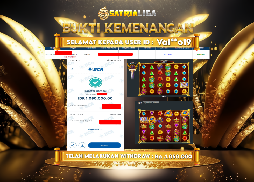 BUKTI KEMENANGAN MEMBER SATRIALIGA Rp. 1.050.000