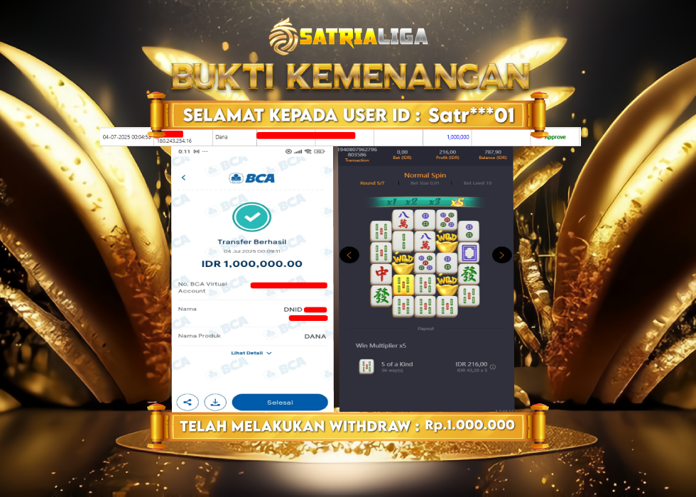BUKTI KEMENANGAN MEMBER SATRIALIGA Rp. 1.000.000