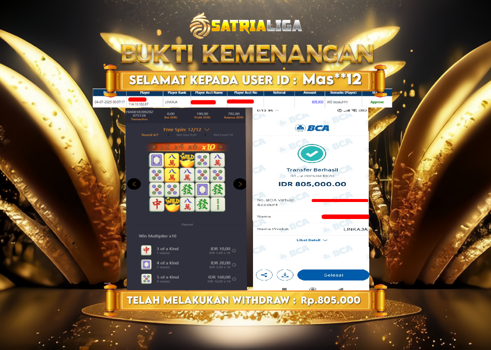 BUKTI KEMENANGAN MEMBER SATRIALIGA Rp. 805.000
