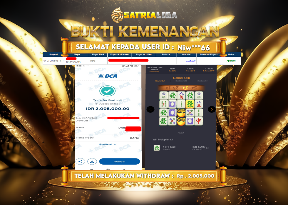 BUKTI KEMENANGAN MEMBER SATRIALIGA Rp. 2.005.000