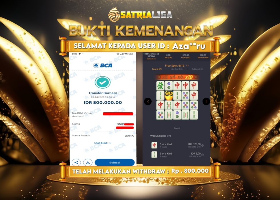 BUKTI KEMENANGAN MEMBER SATRIALIGA Rp. 800.000