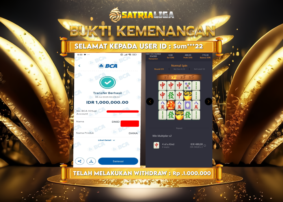 BUKTI KEMENANGAN MEMBER SATRIALIGA Rp. 1.000.000