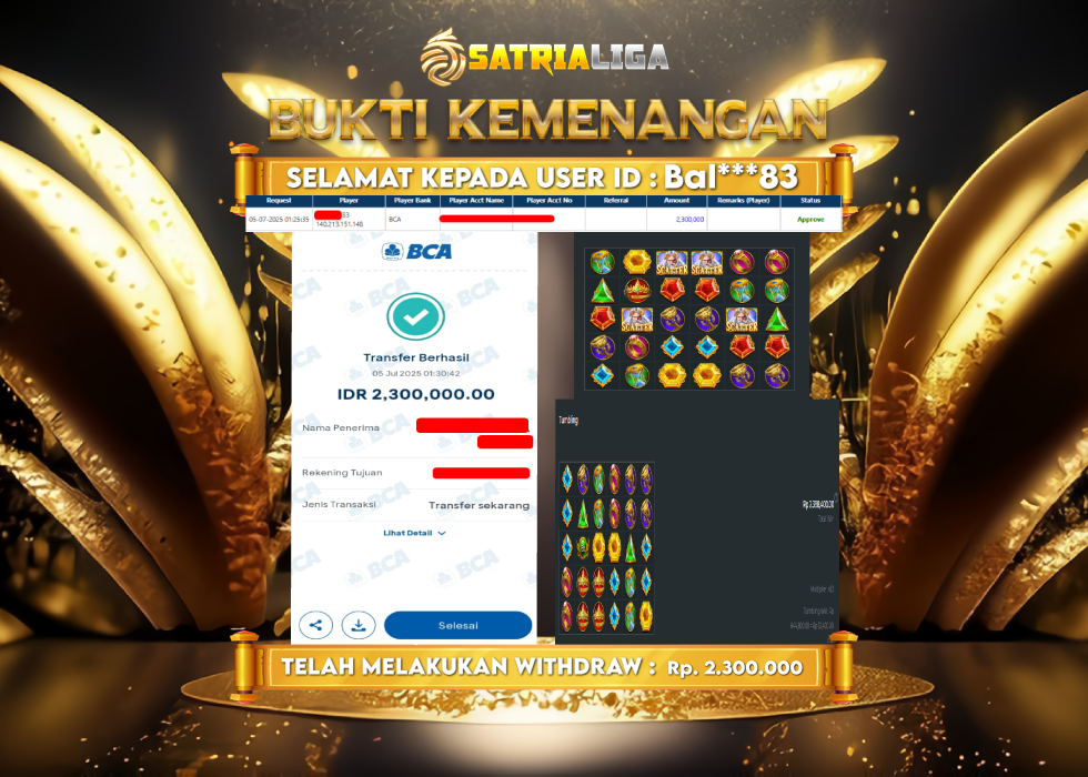 BUKTI KEMENANGAN MEMBER SATRIALIGA Rp.2.300.000